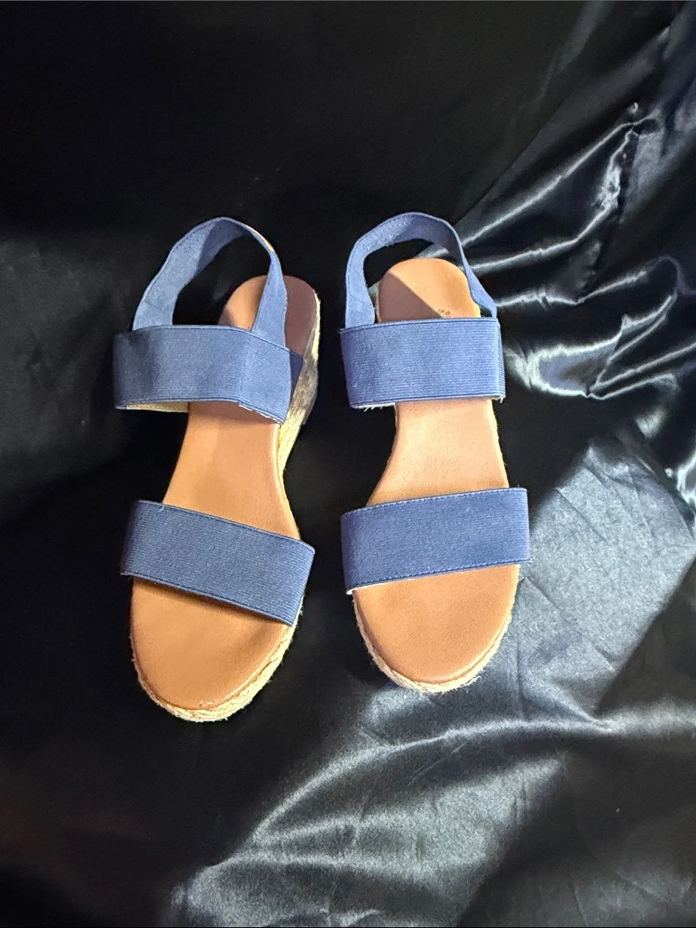 Tommy Bahama Navy Espadrille Wedge Sandals Stretch Straps Sz 9.5